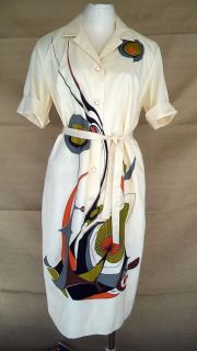 Vintage Alfred Shaheen Shirt Dress Abstract Retro Screen Print Sz 14