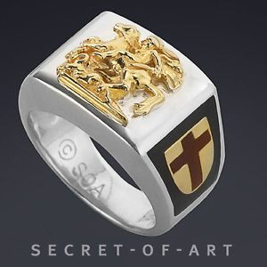 St George Dragon Templar Silver Ring 24K Gold Plated
