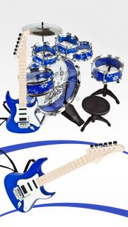 New 11pc Kids Blue Drum Set Girl Music Instrument Toy Guitar Boys Children Band