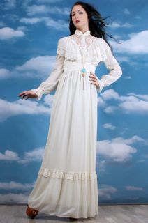 Vintage 70's Ivory Lace Cape Sheer Prairie Boho Hippie Airy Wedding Maxi Dress M