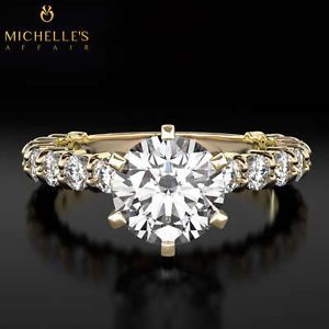 2 3 4 Carat H VVS Solitaire w Side Stones Diamond Promise Ring Yellow Gold
