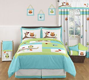 JoJo Designs Turquoise Blue Lime Green Owl Boy Girl Kids Full Queen Bedding Set