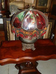 Stunning Antique Victorian Slag Glass Lamp w Urn Style Base and Beaded Shade