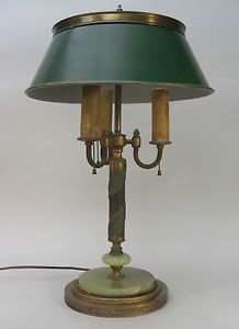 Vintage Antique French Bouillotte Brass Desk Table Lamp Marble Base Metal Shade