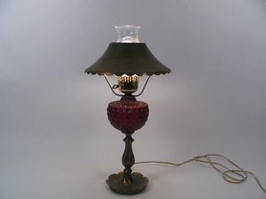 Vintage Antique Table Lamp w Ruby Red Globe Cast Base Metal Shade Chimney