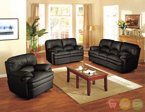 Haines Reclining Sofa Love Seat Living Room Furniture Set Black Genuine Leather