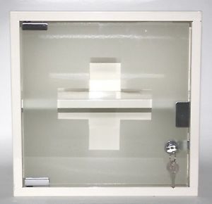 Locking Medicine Wall Cabinet Cream Enamelled Metal Glass Door 2 x Keys Bath
