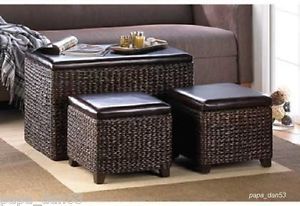 3 PC Rush Trunk and Ottomans Set Fabric Lining Wood Brown Wicker Padded Tops New