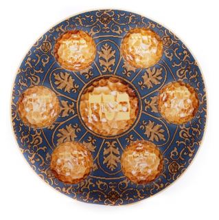 Blue Glass Seder Plate with Floral Pattern Brown Bowls and Hebrew Text