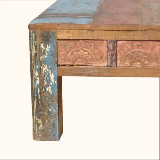 Old Reclaimed Wood Rustic Hand Carved Distressed Painted Coffee Table Furniture