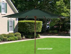 9 ft Patio Market Umbrella Hunter Green Wood Frame and 8 Wooden Ribs New