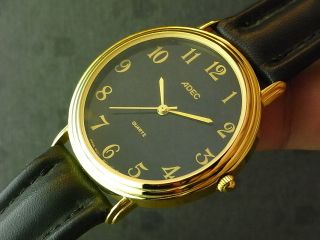 37mm Large Adec Gold Tone Classic Big Number Black Dial NOS Mens Quartz Watch