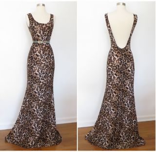 Leopard Print Long Floor Length Huge Flare Bottom Low Cut Sleeveless Maxi Dress