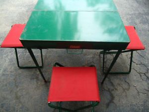Vtg Coleman Metal Portable Folding Camping Picnic Table Suitcase w 4 Chairs