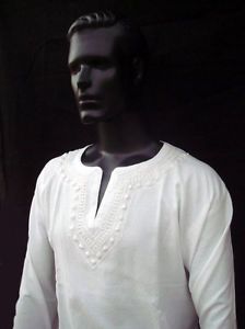 Mens White Cotton Bohemian Beach Wear Wedding Dress Casual Wear Short Kurta 42"