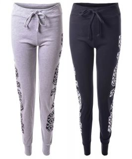 Ladies Stretch Cotton Jersey Marl Fleck Number Aztec Print Joggers Trousers
