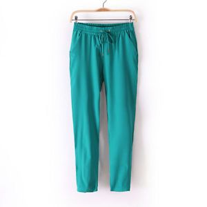 PN Fashion Women Drawstring Elastic Waist Harem Chiffon Pants Trousers Green S