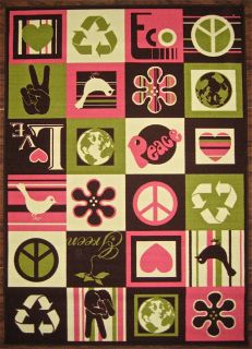 5x7 Peace Signs Brown Pink Green Kids New Area Rug Rugs Rubber Back Non Skid