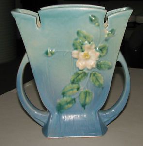 Roseville Art Pottery White Rose 987 9" Blue Handled Floral Vase 1940 Lovely