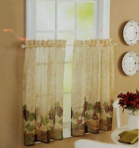 Tuscan Vineyard Wine Grapes Sheer Tiers Kitchen Small Window Curtains