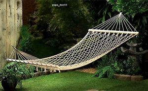 1 Single Person Hammock Ivory Cotton Rope Wood Frame Metal Hanging Rings New