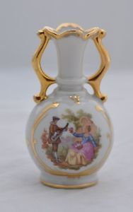 Porcelain Limoges France White Gold Trim 3 1 2" Small Bud Vase Courting Couple