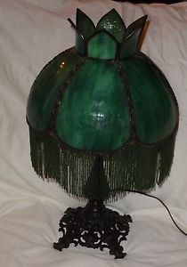 Antique Green Slag Glass Table Lamp with Beaded Fringe Iron Wood Base
