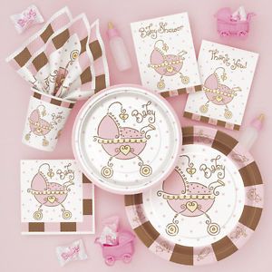 Baby Joy Pram Baby Shower Girl Pink Party Paper Tableware Cups Plates Napkins