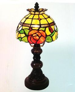 Beautiful 12 5" Tiffany Style Table Lamp Rose Stain Glass Bronze Base Desk Table