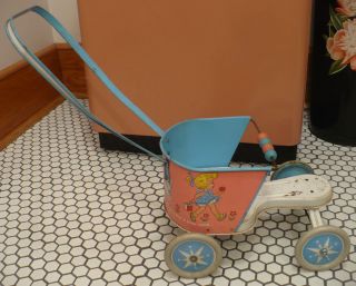 Vtg Child's Metal Tin Litho Baby Doll Stroller Ohio Art Nursery Rhyme Mary Lamb