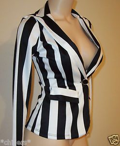 Sexy Black White Striped Button Front LS Blazer Jacket Coat Coverup S