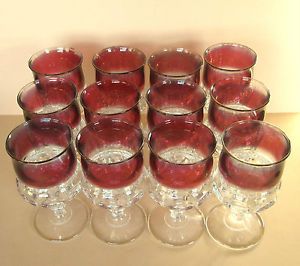 12 Kings Crown Thumbprint Footed Pedestal Wine Water Glasses Ruby Red Cranberry