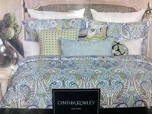 6 PC New Cynthia Rowley King Paisley Floral Comforter Set Aqua Green Grey