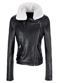 Chic Military Aviator Faux Fur Leather Cropped Jacket Coat Black Beige