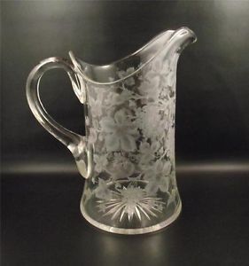 Antique Grape and Vine Engraved Cut Glass Water Pitcher
