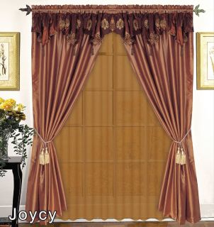 New Brown Satin Embroidery Window Curtain Set Panels Sheer Liner Tassel Valance