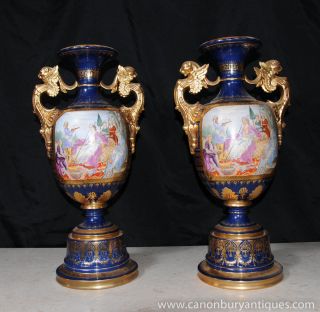 Pair Sevres Porcelain Vases Urns Griffin Handles