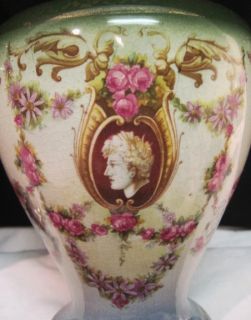 Antique 1910 Beswick Pottery Troy Mantle Vases Portrait Marc Anthony Pink Roses