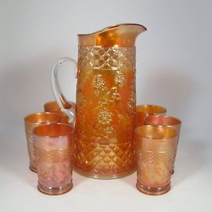Dugan Daisy and Lattice Carnival Glass Water Set Pitcher and Tumblers