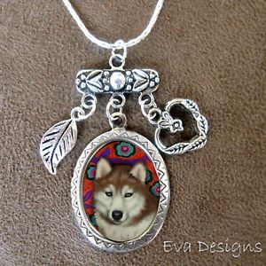 Red Siberian Husky Dog Art Silver Charm Necklace