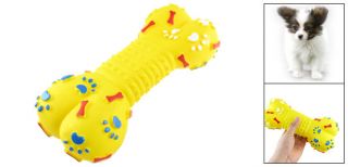 Yellow Rubber Paw Pattern Bone Shape Pet Puppy Dog Chew Squeaky Toy