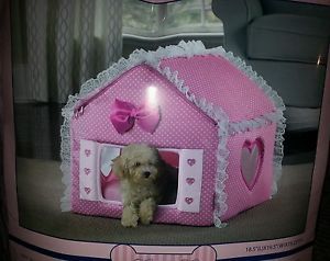 Pink Travel Indoor Covered Bed Cat Dog Collapsible House Heart Mesh Windows