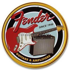 Nostalgic Tin Metal Sign Fender Electric Guitars Amplifiers Round 1858
