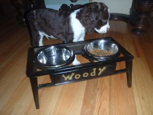 Personalized Elevated Dog Feeder Wrought Iron Pets Name 2 Stainless Bowls 2qt