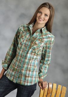 Roper M Womens Shirt Western 100 Cotton L s Green Ranch Dobby Plaid