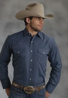 Roper Mens Shirt Western Cotton Blend L s Indigo Solid Broadcloth Vtg 0101