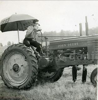 Man on John Deere Tractor with John Deere Umbrella Drinks Beer Old Farm Photo