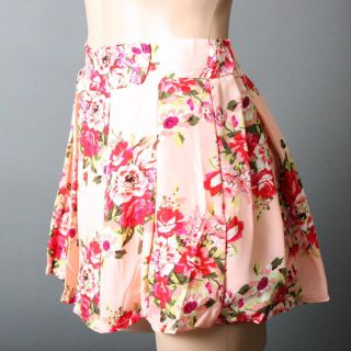 Pink Floral Pleated Stretchy High Waisted Mini Skirt Shorts Skort Size L