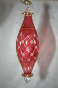 Pink Blown Art Glass Unusual Shape Etched Christmas Tree Ornament