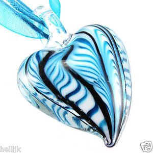 Blue Heart Shape Handmade Art Murano Glass Pendant Ribbon Necklace Cord